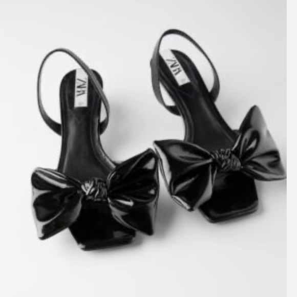 Zara Patent Shiny Square Toe Oversize Bow Sling Back Kitten Heel Sandal size 36 - Picture 1 of 13